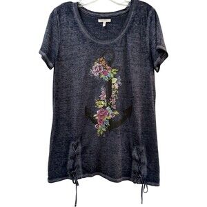 Maurices Tunic Top Womens Large Blue Floral Anchor Print Nautical Shirt NWOT